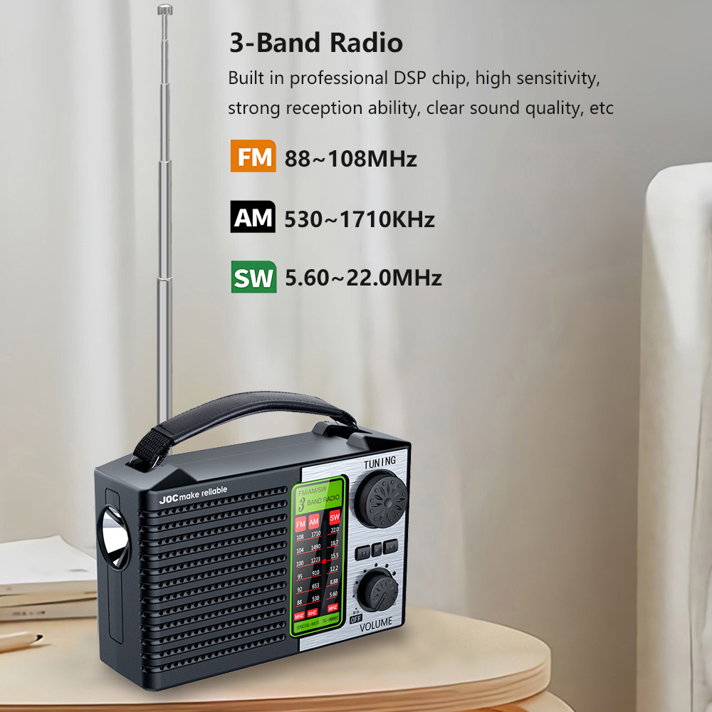 Portable FM AM SW Radio Rechargeable Outdoor Solar Full Band High Sensitivity Radio Receiver with LED Lighting Bluetooth Speaker