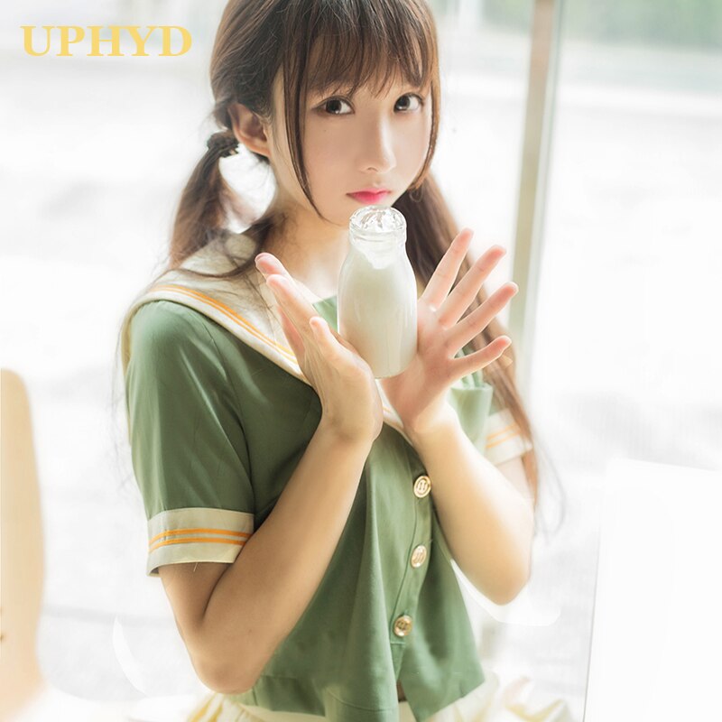 Uniforme de escuela secundaria verde para niñas, uniformes de Sailor, estilo pijo