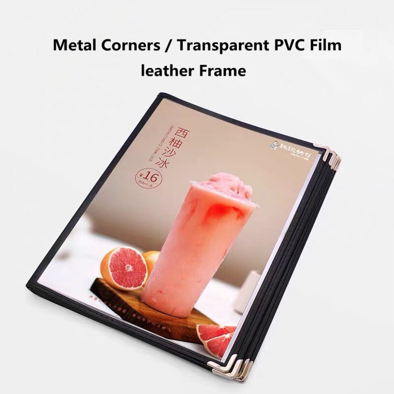 A4 Black Leather Recipe Menu Paper Book Frame PVC Menu Binder Inner Page Replaceable Restaurant Cafe Table Menu Holder Stand