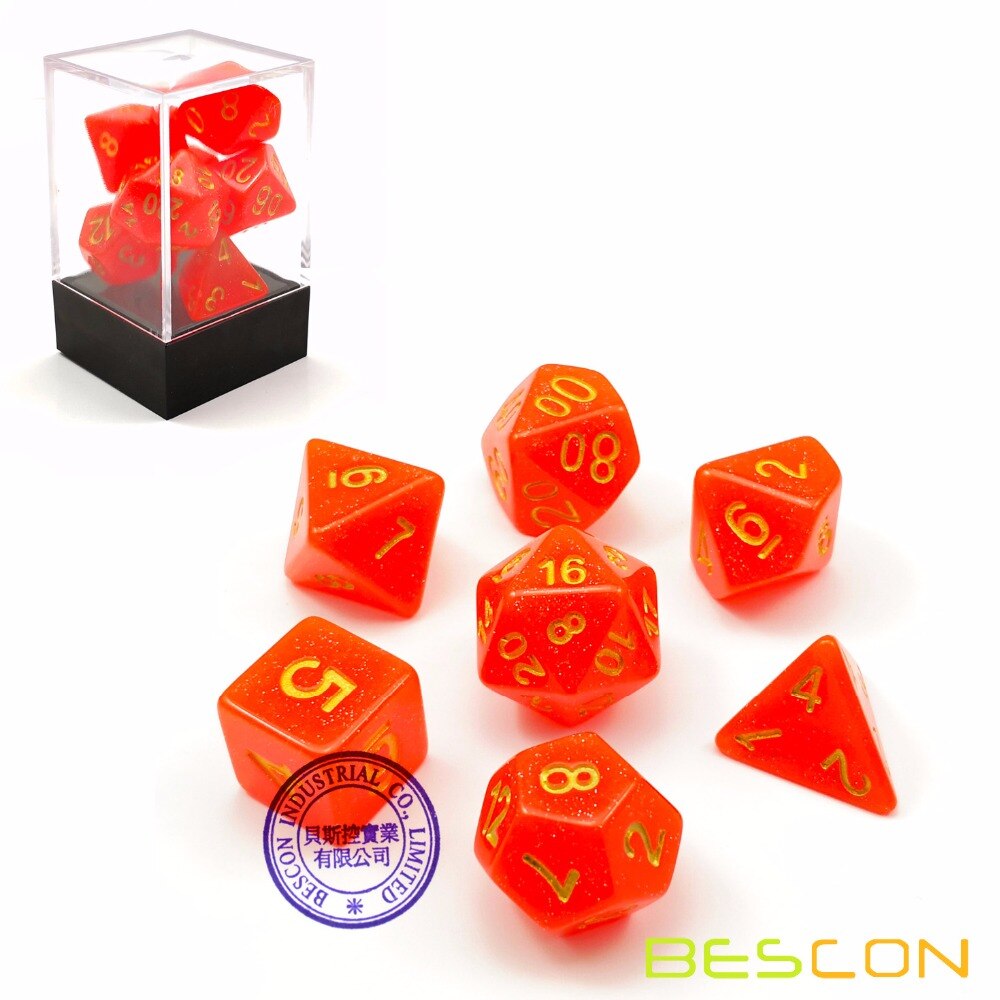 Bescon Intensieve Glitter Dnd Dobbelstenen 7 Pcs Set Royal Rood, Glitter Rpg Dobbelstenen Set D4 D6 D8 D10 D12 D20 D %, Bakstenen Doos Verpakking