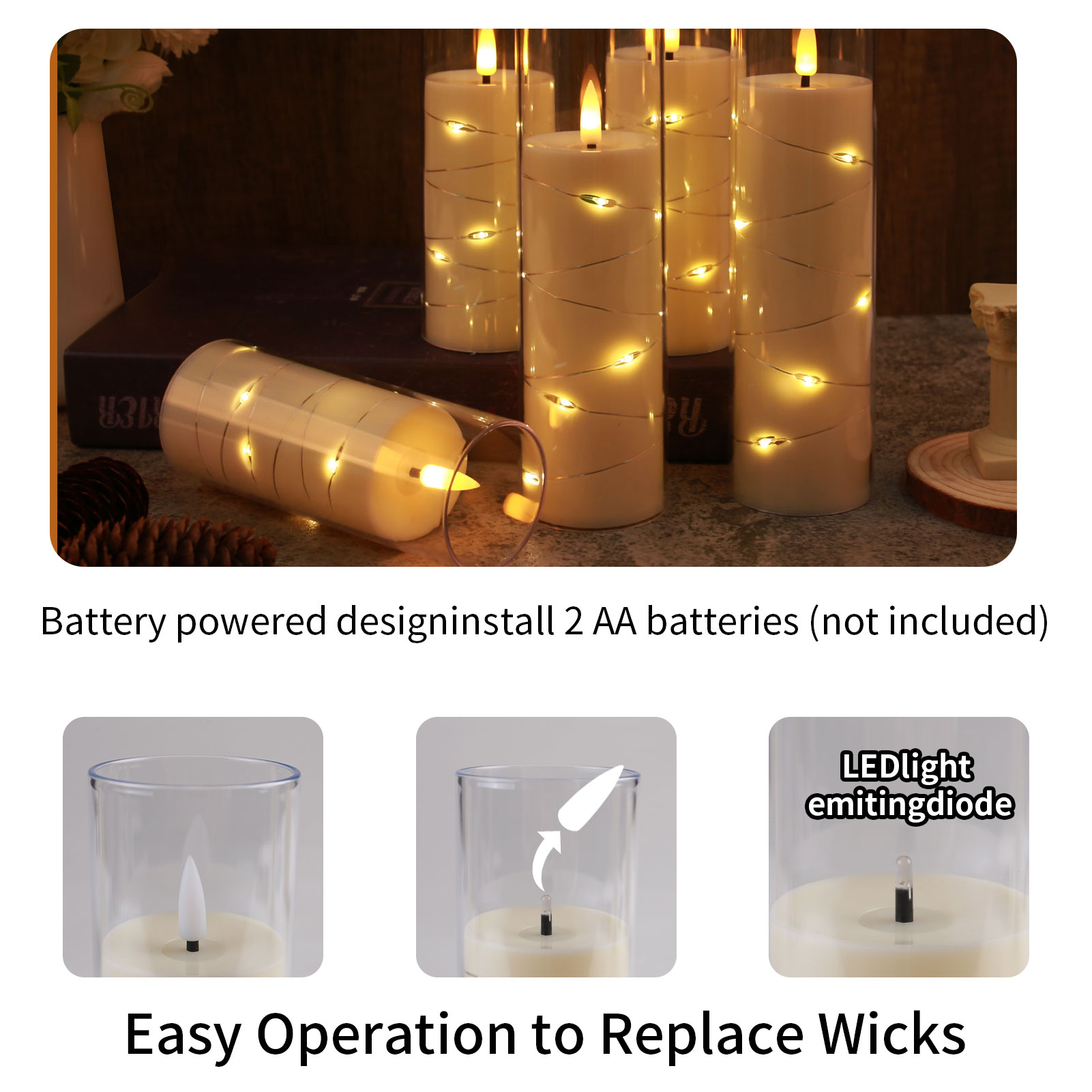 Ensemble de 5 bougies LED sans flamme avec guirlande lumineuse étoile intégrée, bougies pilier à piles avec minuterie à distance pour la décoration de la maison