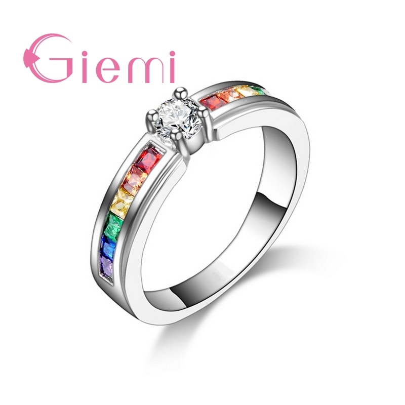 Colorful Rainbow Crystal 925 Sterling Silver Band Ring for Women Female Party Wedding Engagement Jewelry