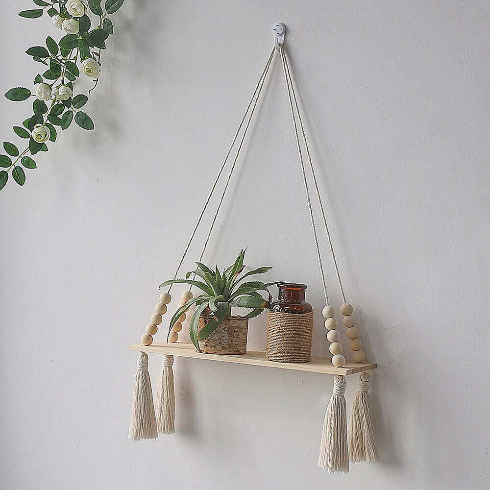 Macrame vegghengende hylle dusk tredekor vevd veggopphengsbretthyller for hjemmeinnredning soverom stue kakestativ