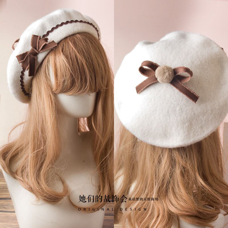 17 Kleuren Lolita Baretten Wol Blend Hoed Vrouwen Meisjes Boog Plaids Streep Sailor Stijl Preppy Chic Studenten Cap: C