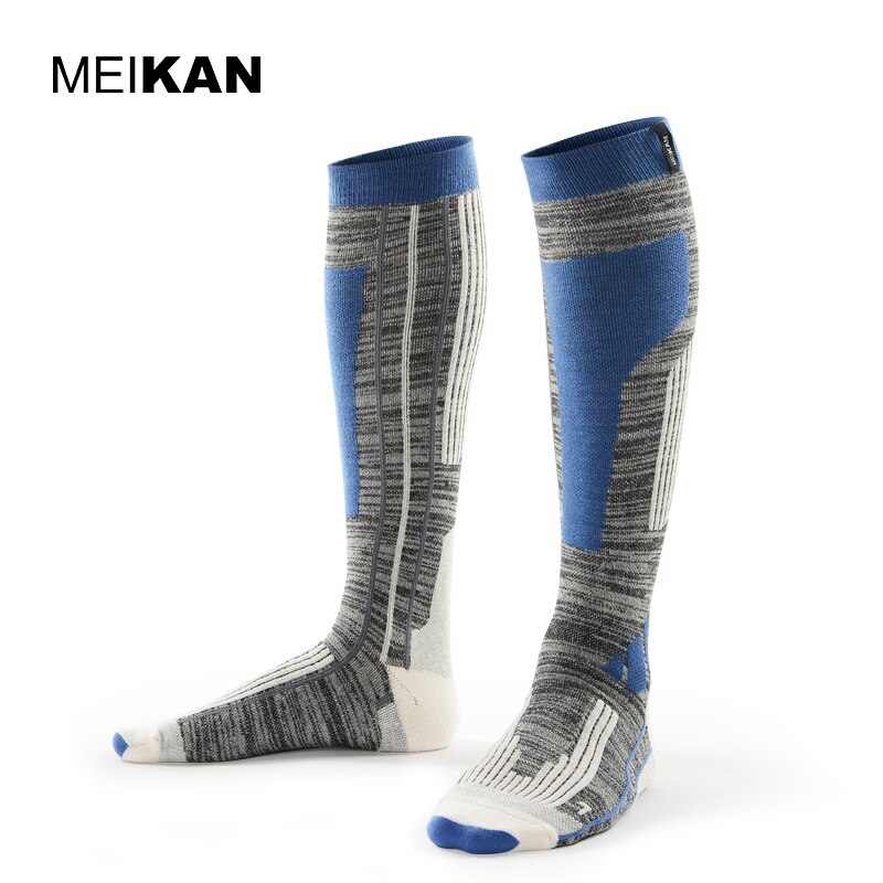 Mksk 2017001 mænd / kvinder merceriseret merino uld ski sokker udendørs tykkere frotté varmt knæ høje lange sokker: Blå / L