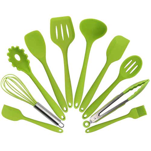 Cuchara de silicona para cocinar, espátula, cucharón, batidores de huevos, juego de vajilla, utensilios de cocina, suministros de accesorios de cocina, 10 Uds.: green