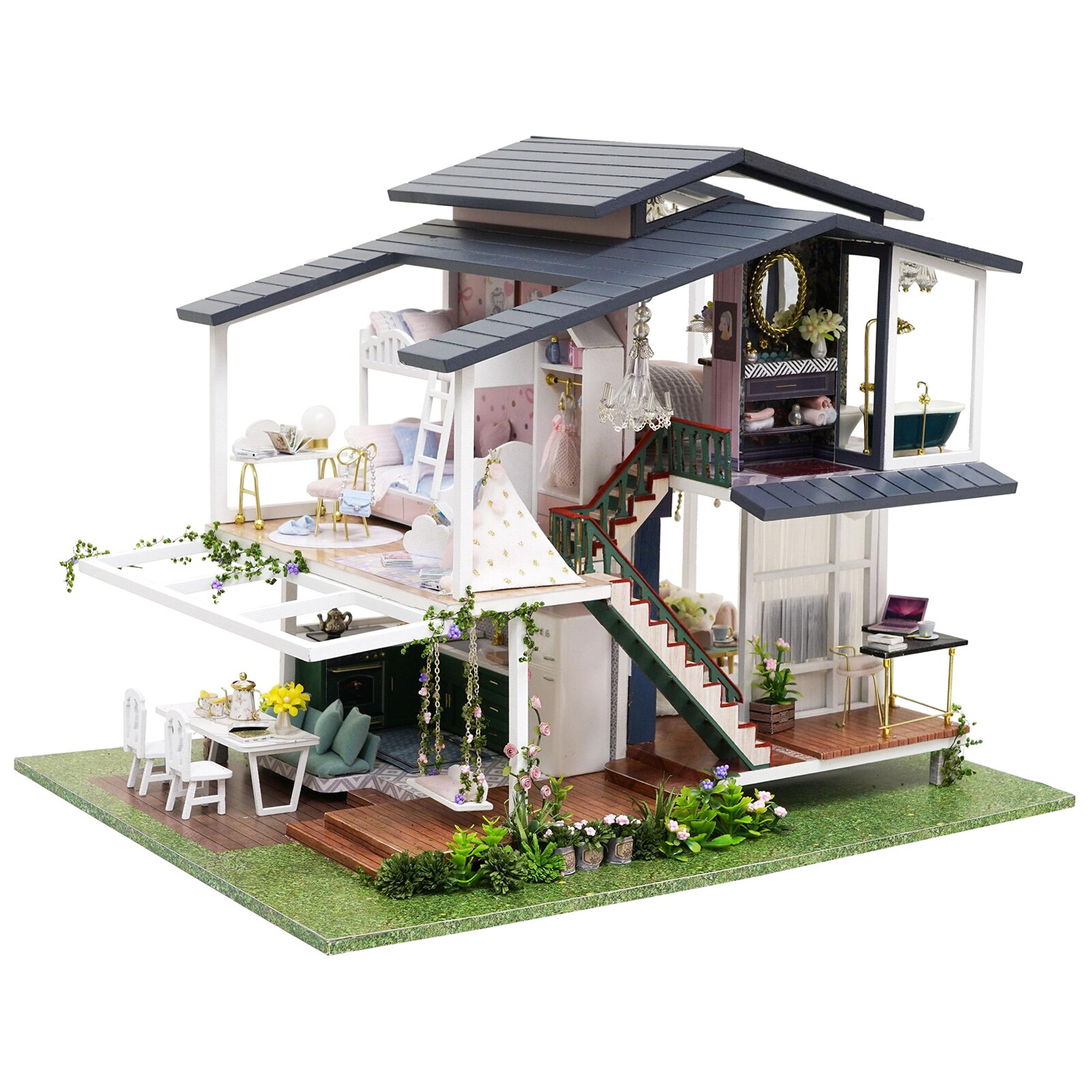 Diy Miniatuur Poppenhuis Meubels Kits Hout Romantische Moderne Villa Huisje Puzzel Playset Zelf Gemonteerd Voor Meisjes