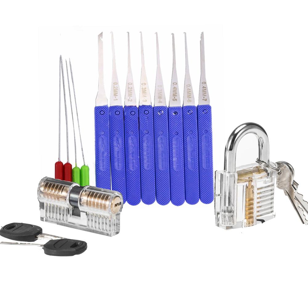 Juego de ganzúas de práctica, combinación de cerradura transparente con herramientas de mano de llave rota, herramientas de llave de tensión: 3-Blue