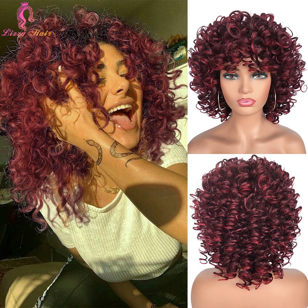 12Inch Korte Kinky Krullend Pruik Afro Amerikaanse Pruiken Voor Zwarte Vrouwen Bruin Gemengde Blonde Synthetische Hittebestendige Pruiken Met pony