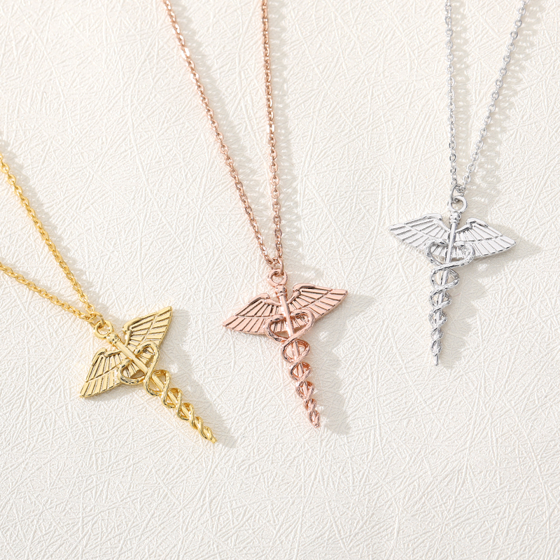 Halskette mit äskulapstab-anhänger aus edelstahl, schmuckstück mit äskulapstab-symbol, halskette mit caduceus-symbol für damen