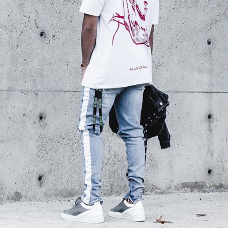Heyguy pantalons hommes jean slim hommes streetwear déchiré jean pour homme ajusté bas fermeture éclair hip hop jean homme denim
