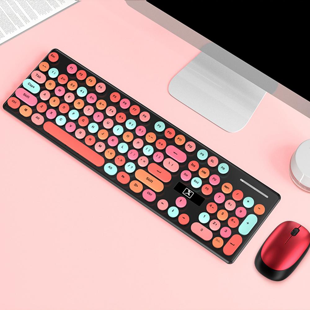 Wireless Keyboard and Mouse Combo, 2.4G Cute Round Mute Keyboard Mouse Set for Laptop, Computer,: Rose Red