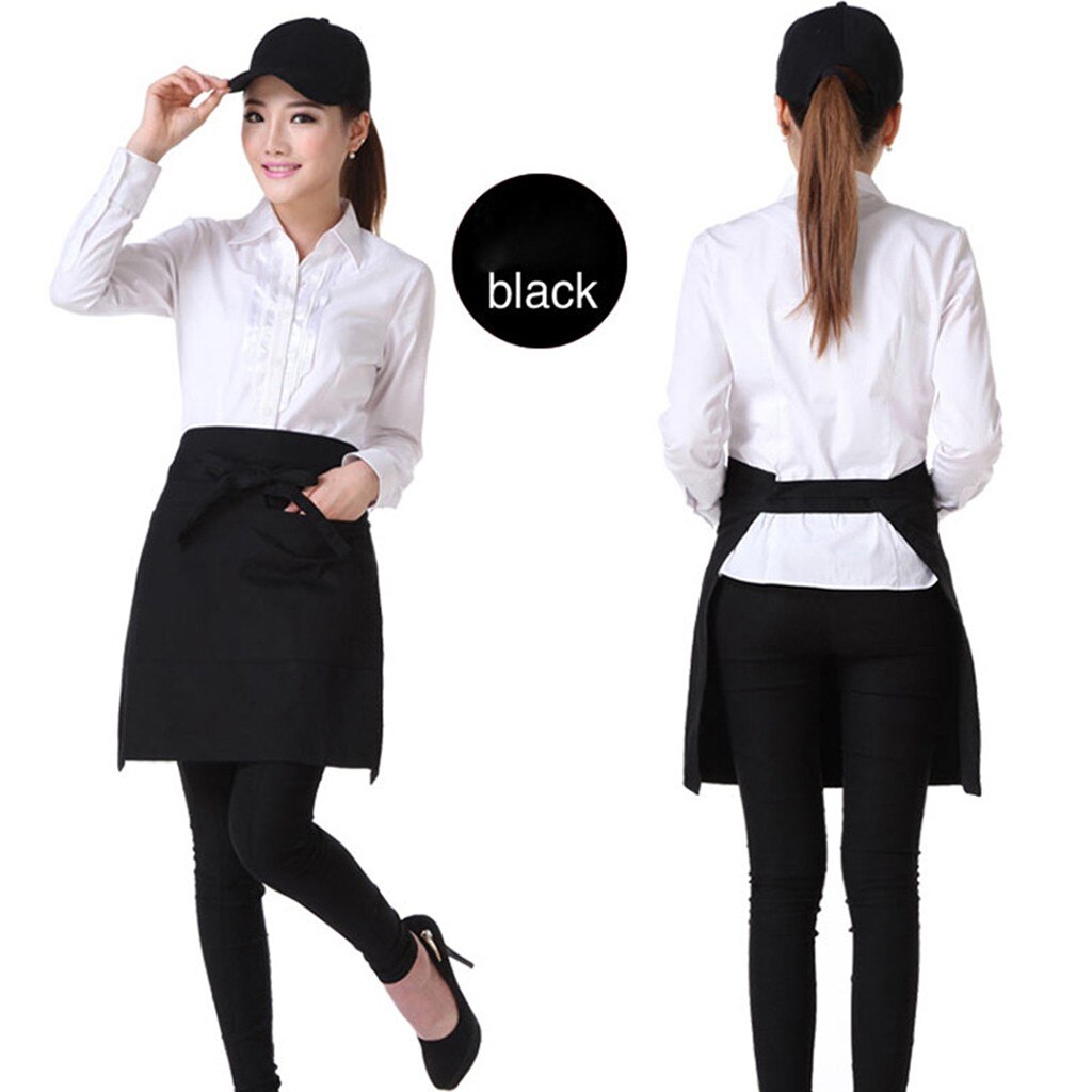 Adult Waterproof 2 Pockets Waterdrop Resistant Waiters Waitress Waist Apron Chef Apron Black Waist Half Short Apron in Kitchen: Black
