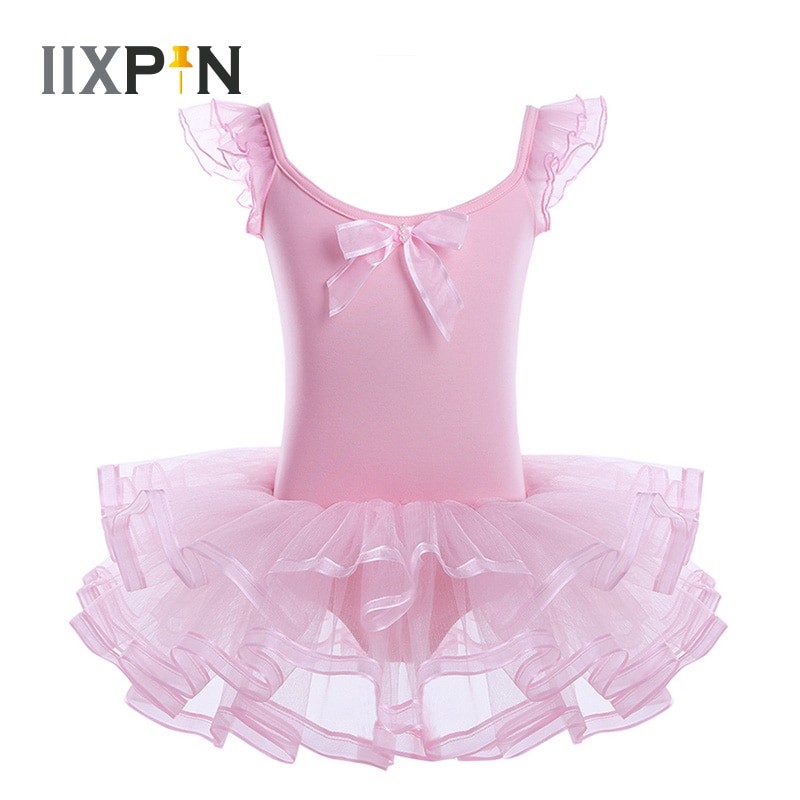 IIXPIN Girls Ballet Dance Dress Cotton Mesh Ruffled Sleeves Gymnastics Leotard Ballet Tutu Dress Kids Ballerina Dance Costumes