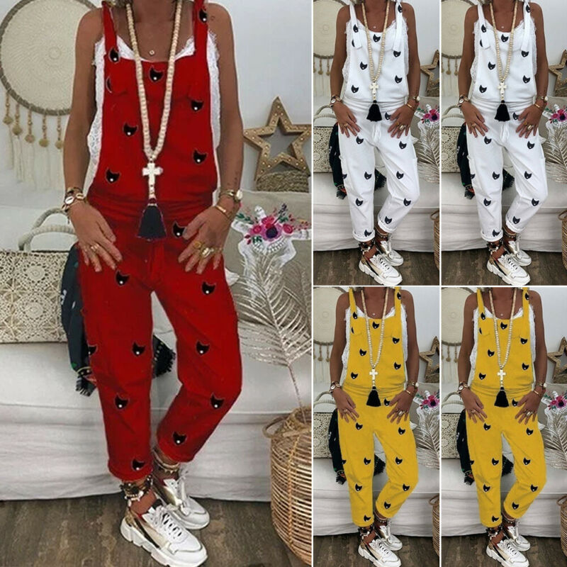 3 farver seneste ankomne kvinders afslappet printet strappy baggy løs jumpsuit kvindelig sommer ærmeløs harem lang playsuit s -2xl