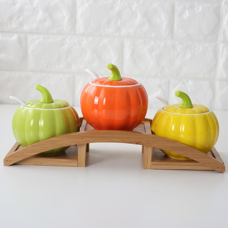 3 Stks/set Keramische Kruiden Pompoen Fles Met Lade Kruiden Pot Combinatie Keuken Accessoires Home Decor Servies 08146