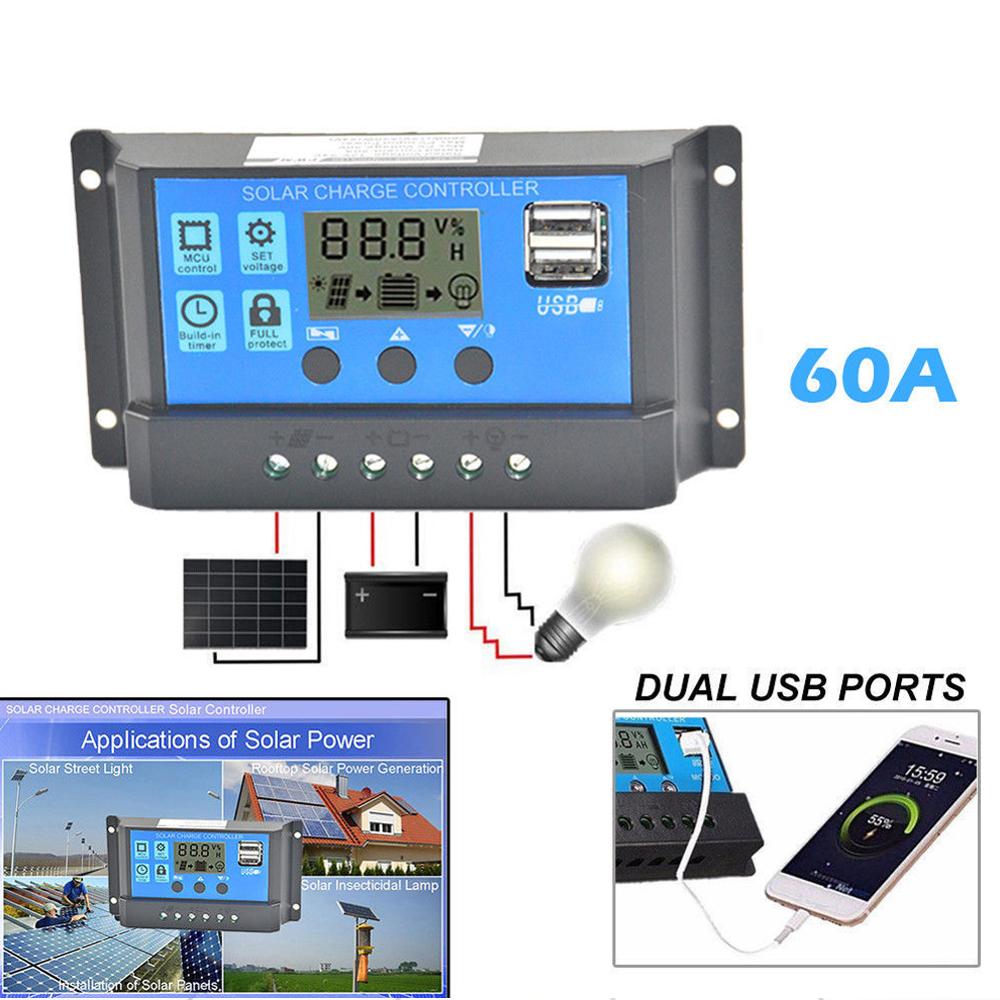60A Solar Panel Charger Controller 12V/24V Battery Regulator Dual USB LCD Display Solar System Controller