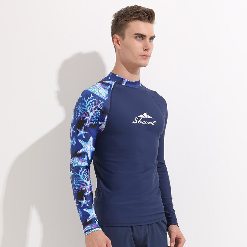 Men's Long Sleeve UPF 50+ Baselayer Skins Compression Rash Guard Shirt Crew Neck Print Tee Suit for Swim Surfing Snorkeling