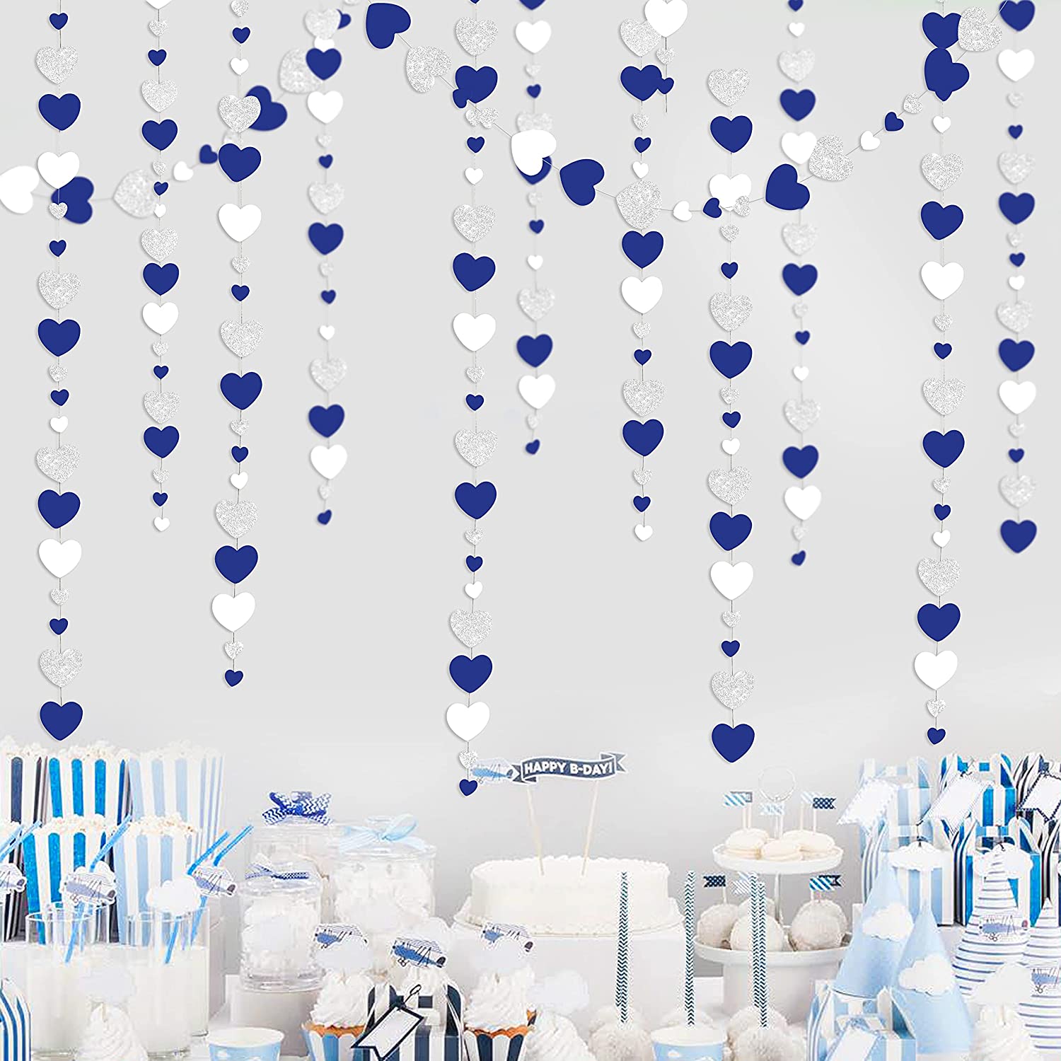 Guirnaldas de papel dorado y plateado azul marino real, suministros de decoración de pared para de cumpleaños de bebé, boda, corazón de amor, 4M: Blue Silver