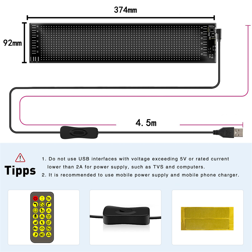 Panneau LED Matrix Pixel Panneau LED RVB USB 5V pour voiture Contrôle d'application Bluetooth Panneau de signalisation à LEDs pour voiture