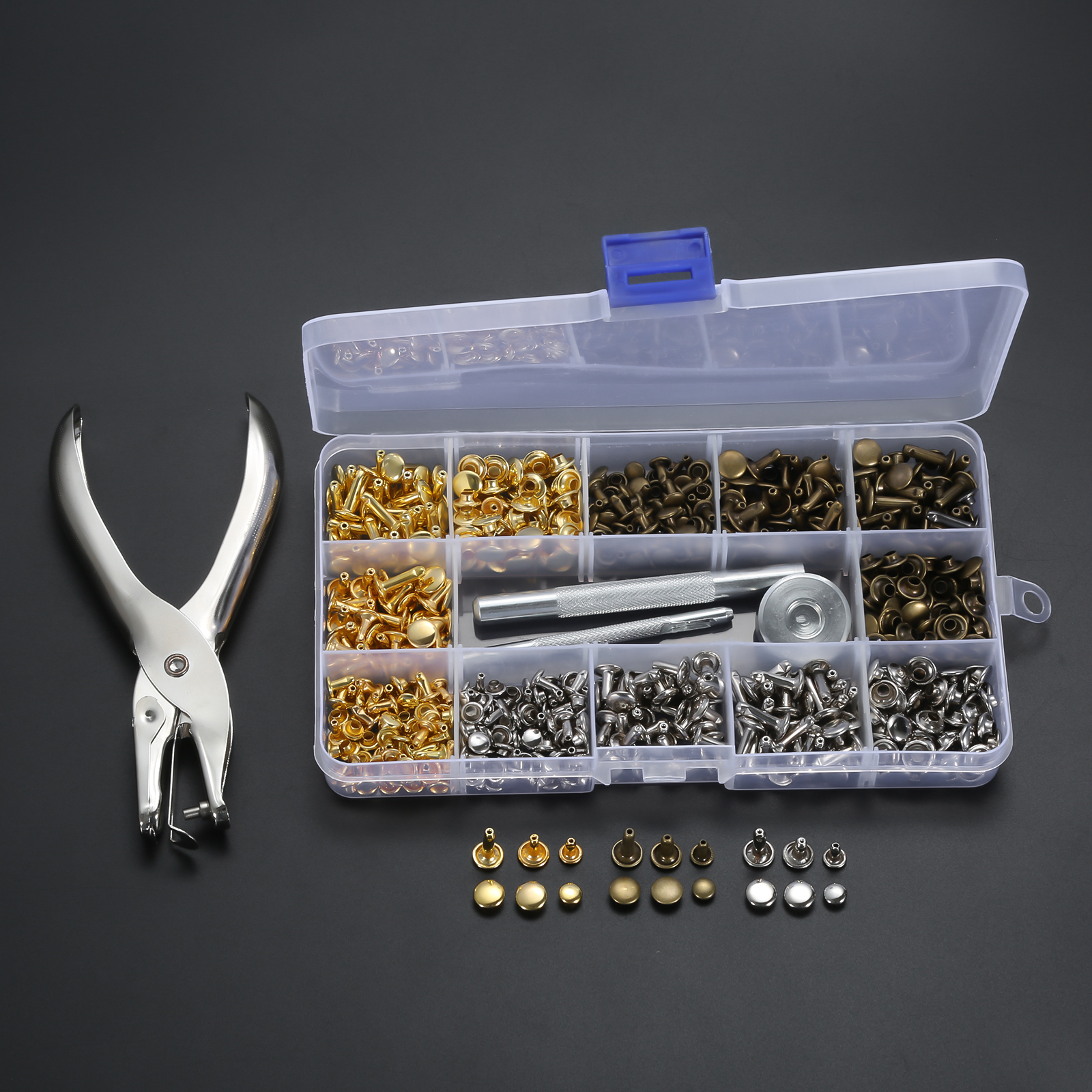 Remaches de cuero de doble tapa, tachuelas tubulares de Metal + alicates de perforación + herramienta de ajuste de 3 piezas para artesanía de cuero, juegos de 240/300/360/480: 300 Sets