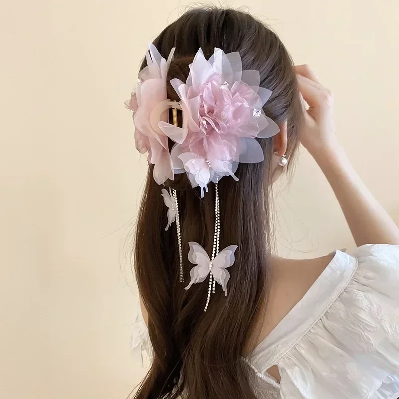 Fleurs de gaze rose strass papillon longue frange requin griffes de cheveux pour les femmes Super fée douce Fairycore accessoires