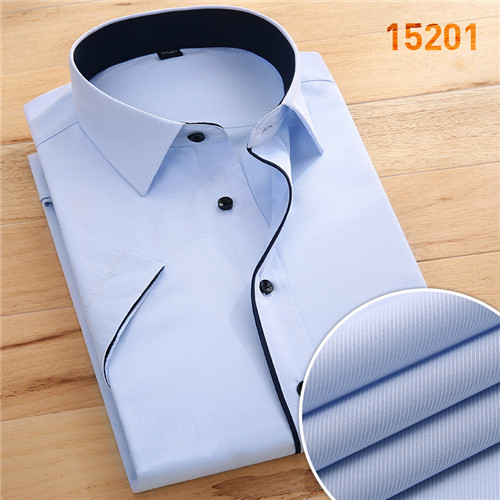 without chest pocket short sleeve men shirt slim fit easy care black button square collar formal mens dress shirts: 15201 / L