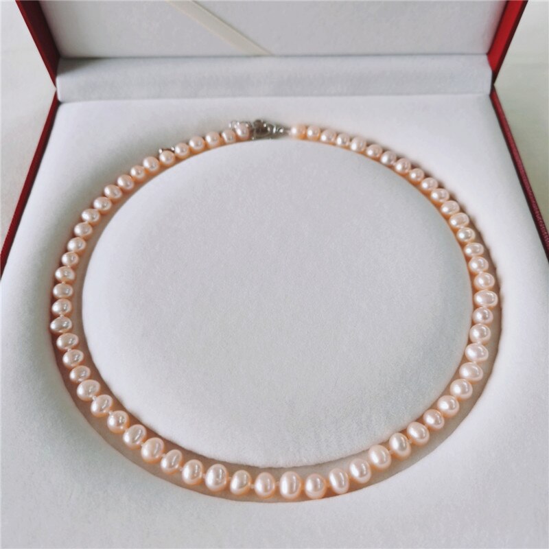 DMNFP198 Süßwasser Perle Halskette 6-7mm Natürliche Gewinde Perle Schmuck Näer Runde Perle Halskette Für Frauen: Rosa