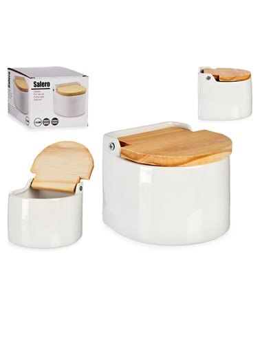 Salero blanco semicircular con tapa madera