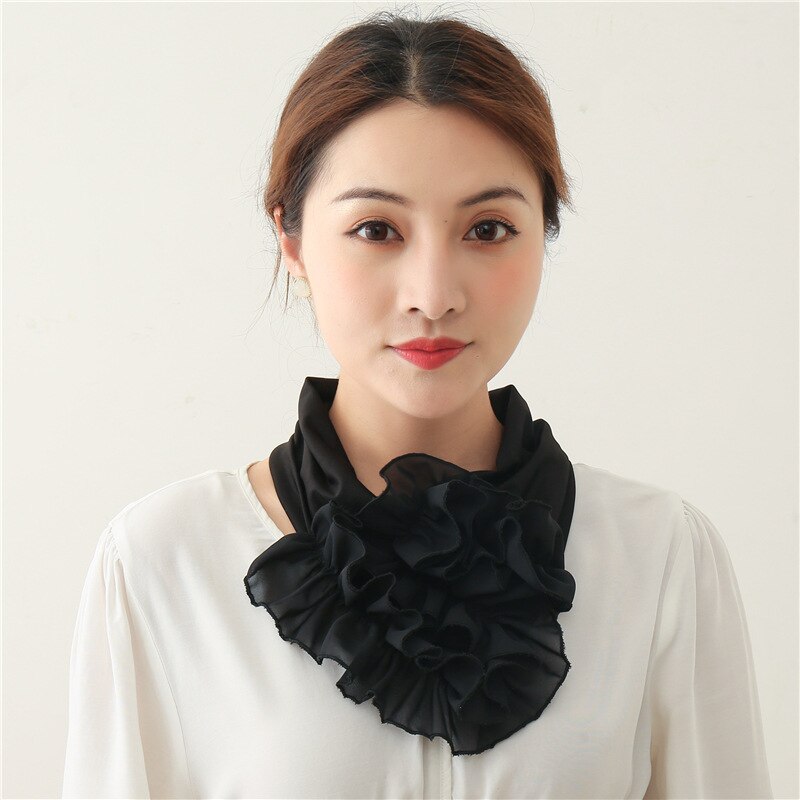 women Floral Neck Ring Scarf Chiffon Collar Tie Muslim Hijab Hat Indian Turban Lady Office Neckerchief Skinny Hair Scarves soild: LJ23-12 black