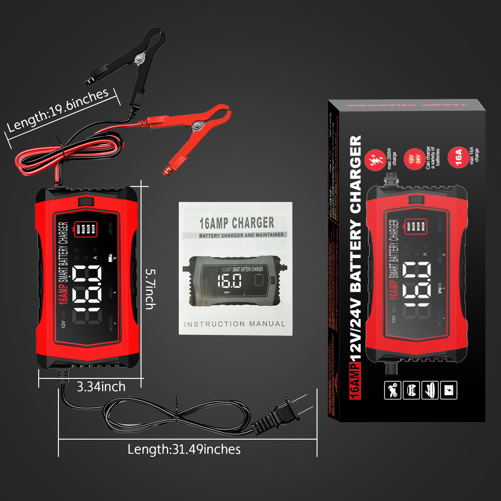 Caricabatteria per auto di riparazione universale 12V 16A 24V/10A Caricatore per moto di riparazione intelligente per batteria al piombo AGM gel LiFePO4