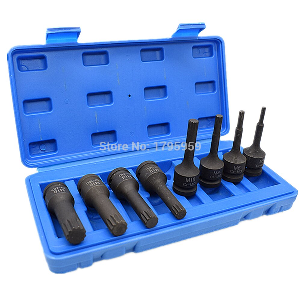 1/2" Square Drive Spline Impact Socket Bit Tools 8 Piece Set M5 M6 M8 M10 M12 M14 M16 M18 CR-MO Ratchet Bit Socket Screwdriver