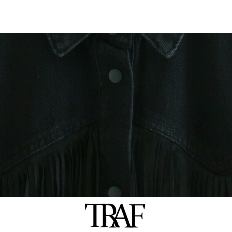 TRAF-chaqueta vaquera holgada con flecos para mujer, chaqueta con flecos deshilachados, de manga larga, Estilo Vintage