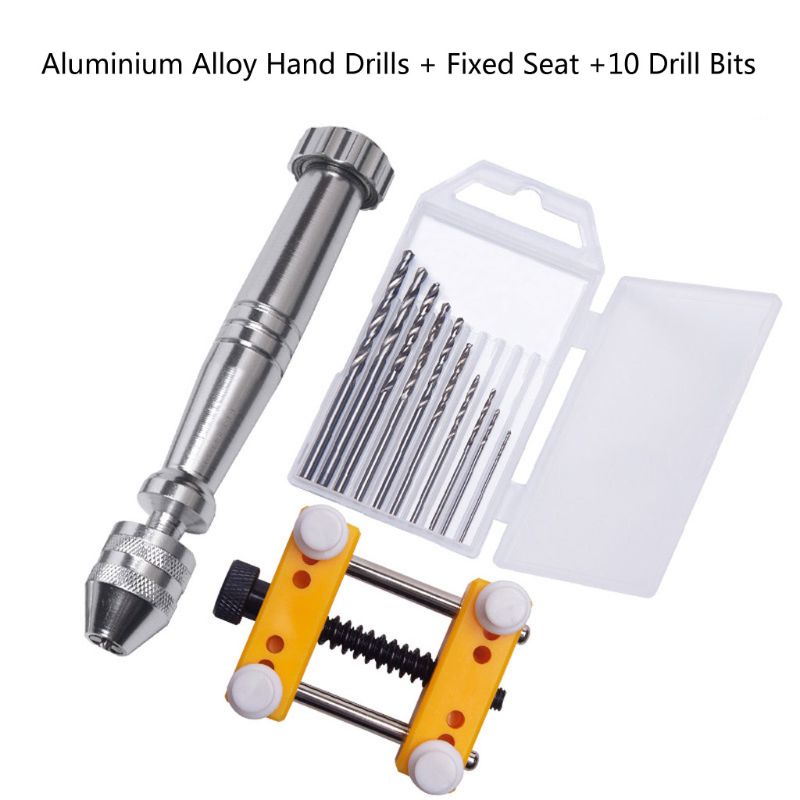 Juego de Herramientas de joyería de taladro manual de 12 uds, tornillo de banco para moldes de fundición de resina, taladro de mano de acero con 10 brocas y soporte fijo: C