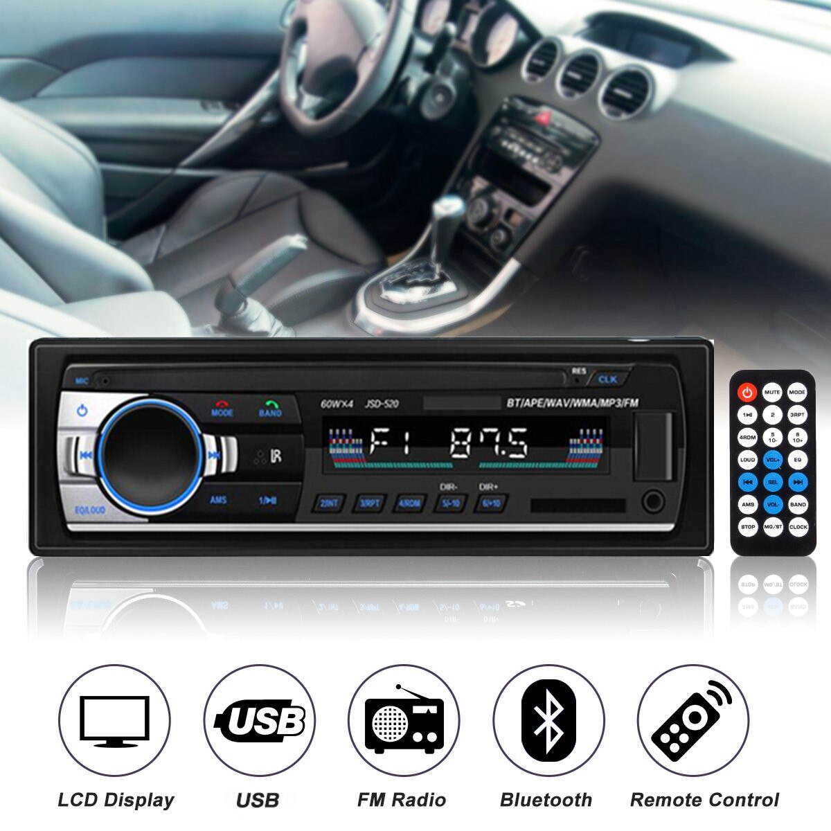 1 DIN Car Radio Audio Bluetooth Stereo MP3 Player 60Wx4 FM Receiver With Remote Control USB/SD/AUX Card In Dash Kit Input