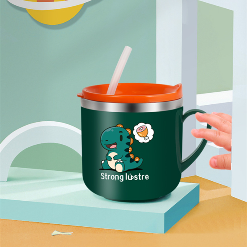 Tasse à lait avec paille pour enfants, en acier inoxydable, avec couvercle, pailles en Silicone réutilisables