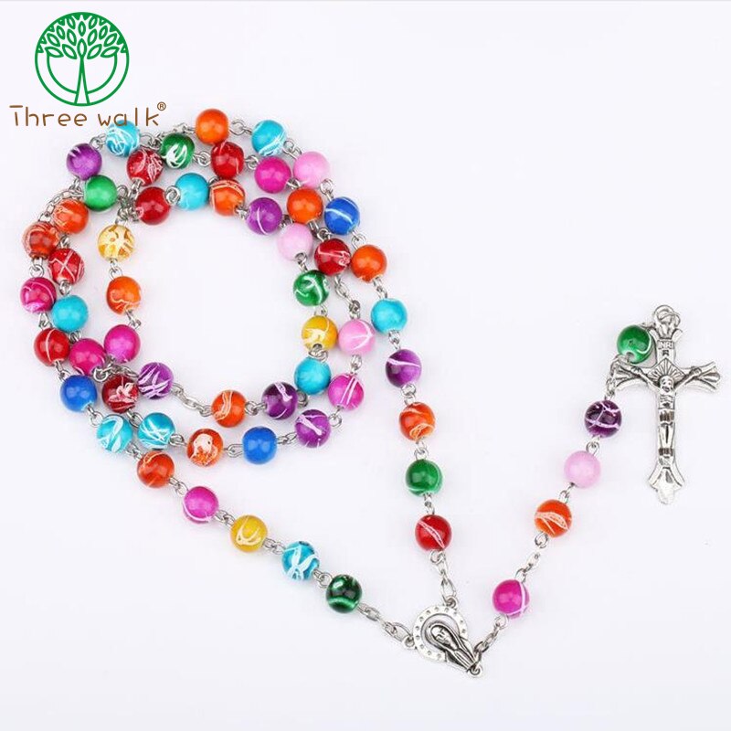 CR99 Acryl Kralen Katholieke Rozenkrans Kruis Hanger Ketting Statement Kleurrijke Kralen Religieuze Maxi Ketting Voor Vrouwen