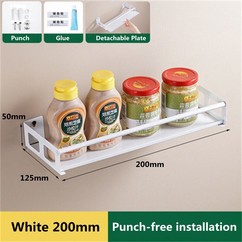 Kitchen Spice Rack Stainless Steel Spice Rack Wall-mounted Non-perforating Spice Oil Salt Sauce Vinegar Storage Rack: White 200mm