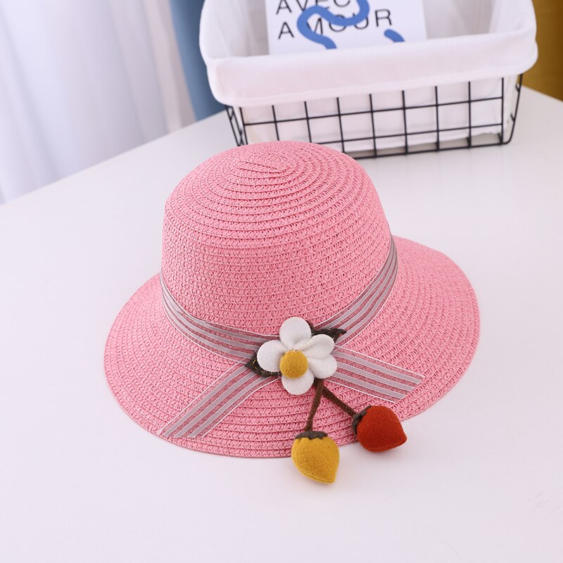 Summer Sweet Cute Flowers Kids Straw Hats Children Beach Cap Baby Photography Props Baby Girl Hat Sun Visor Caps: pink