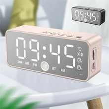 Led Mirror Alarm Clock Digital Snooze Table Clock Wake Up Light Temperature Display Home Decoration Wireless Bluetooth Speaker