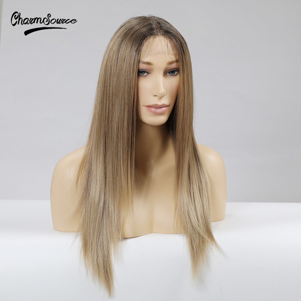 CharmSource Long Brown Root Ombre Blonde Wig Straight Lace Part Synthetic Wigs for Women Daily Hair High Density Heat Resistant