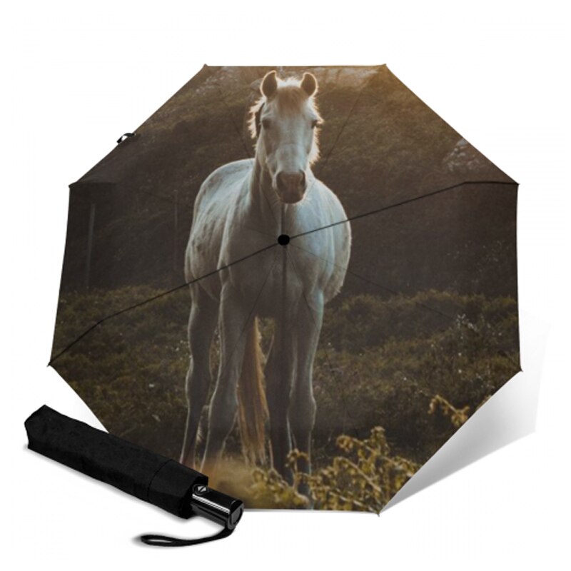 Anti uv drie opvouwbare witte paardenpatroon paraplu dieren schilderij pongee zonnige en regenachtige paraplu's mannen en vrouwen kunstparasol: Ysa 2109