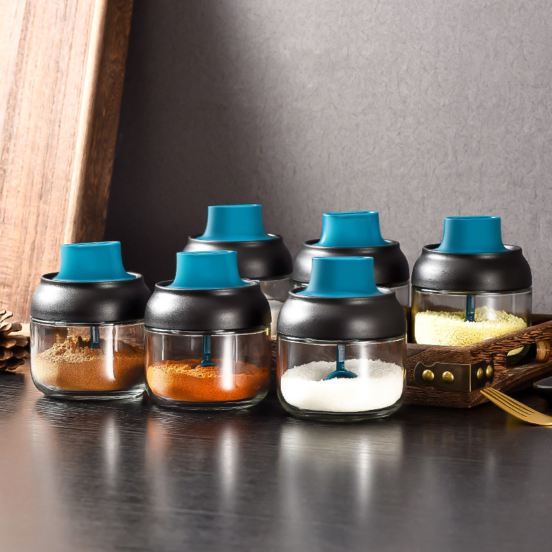 Køkken glas krydderier flasker glas sukker salt honning opbevaring krukke 280ml krydderier opbevaring boks med børste ske låg tilbehør 1pc
