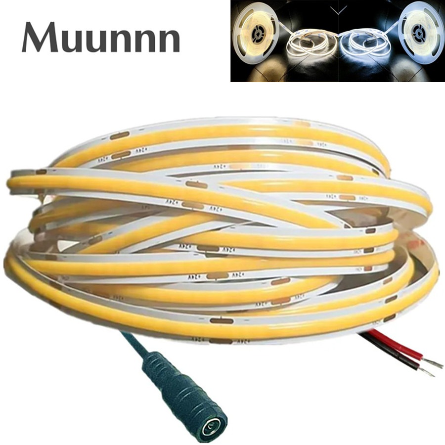 Bande lumineuse LED COB Ultra fine de 8MM, avec prise DC 12V 24V/fil 2 broches, éclairage linéaire à intensité variable, lampe haute densité, décoration