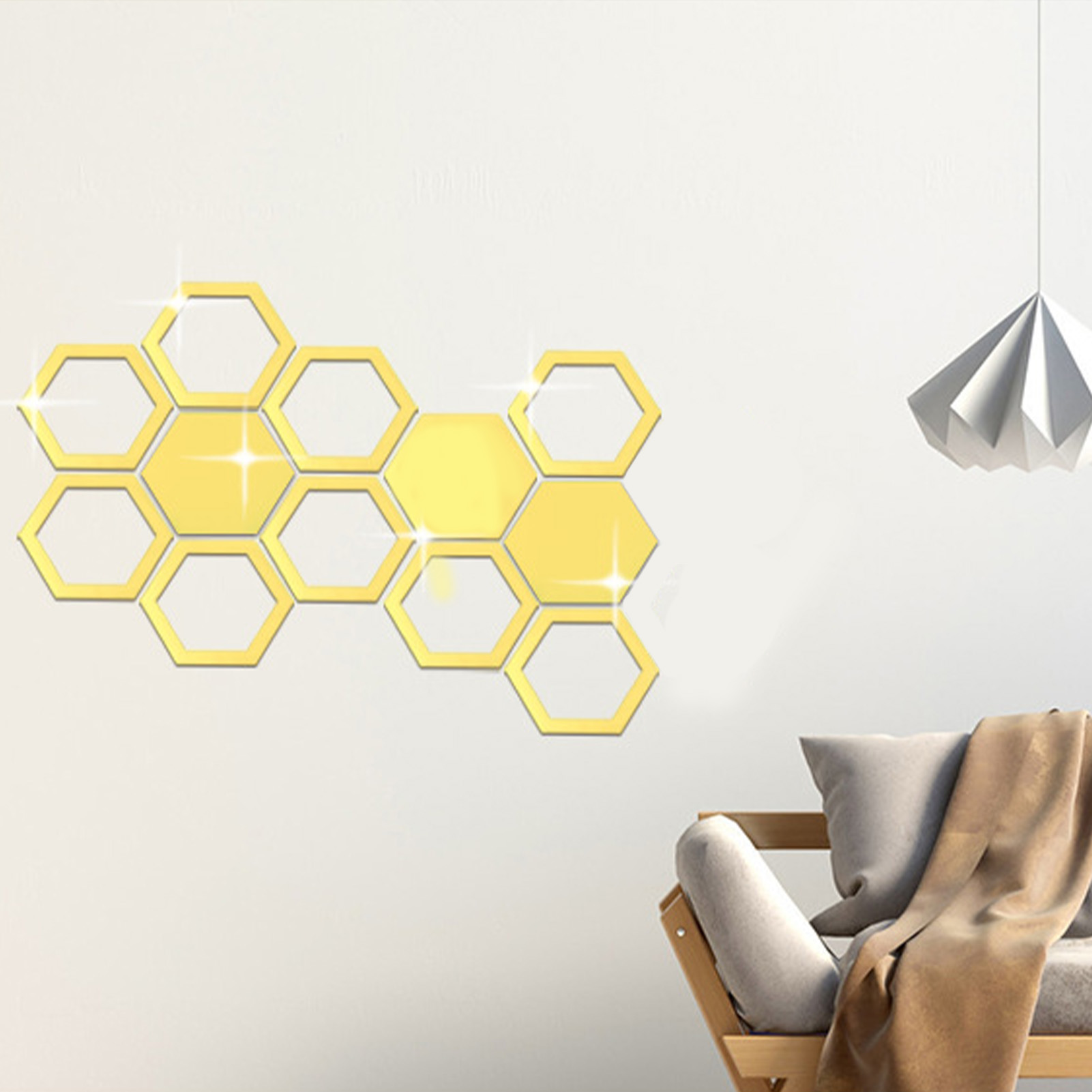12PCS 3D Background Wall Honeycomb Hexagonal Acrylic Honeycomb Wall Sticker Mirror Self-adhesive Room Aisle Decorative Mirror