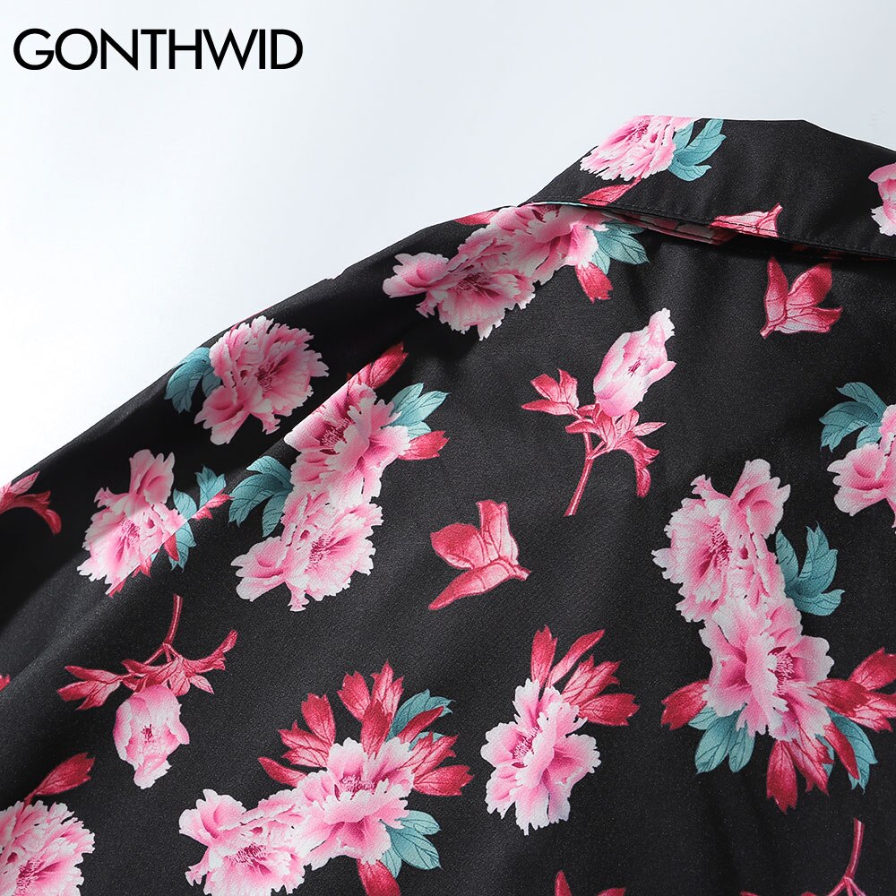 Gonthwid Pioen Bloemen Bloemenprint Lange Mouwen Hawaiiaanse Strand Shirts Heren Zomer Casual Button Down Strand Blouse Tops