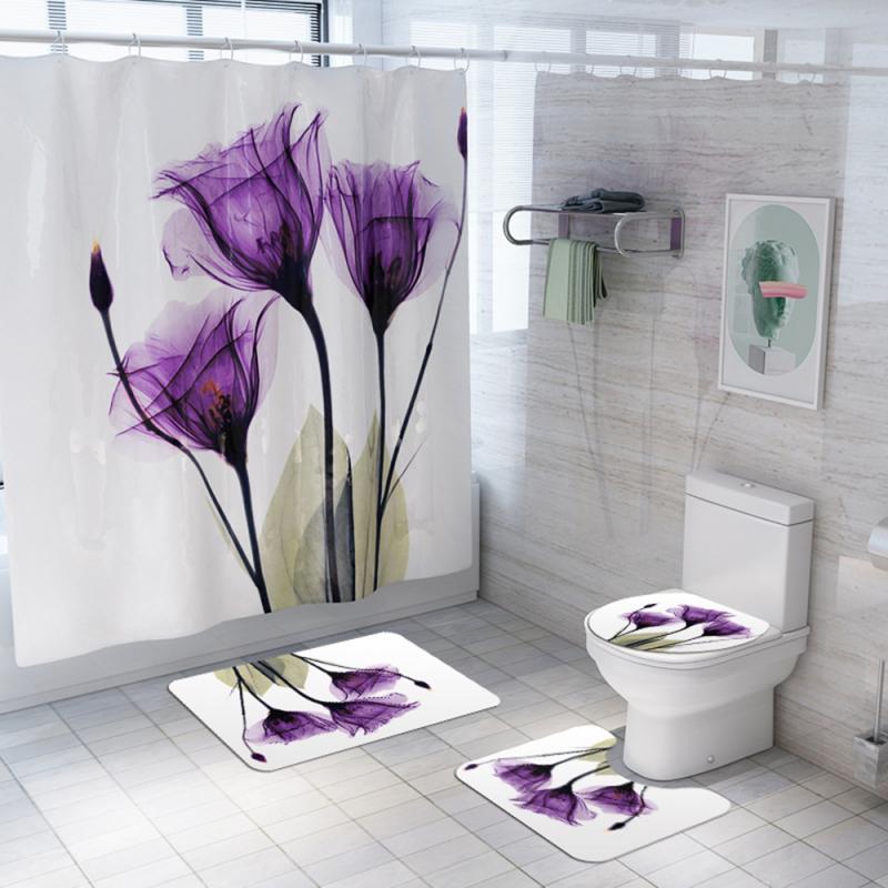 Purple Lotus Shower Curtain Flower Print Shower Curtain Pedestal Rug Lid Toilet Cover Mat Bath Mat Set For Bathroom Decor: 4pcs set