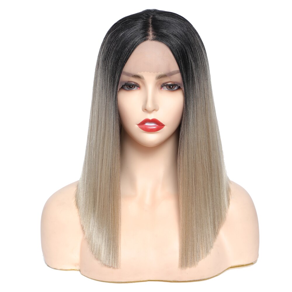 SOKU Synthetic Wigs Short Bob Light Grey Straight Hair For Women 14 Inches Ombre Gray Lace Wig Heat Resistant Middle Part Wigs: BOM LATTE