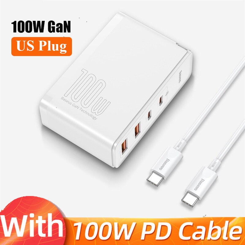 Caricabatterie Baseus GaN 100W PD QC 4.0 3.0 caricatore rapido USB tipo C caricabatterie rapido USB C per iPhone 12 Pro Max Macbook: White US Plug-4ports