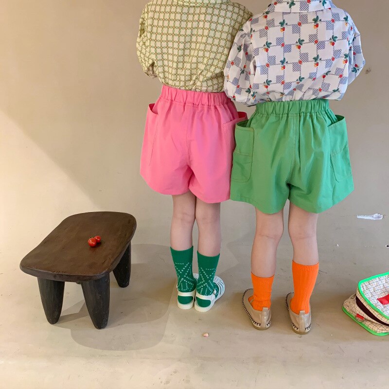 Pantalones cortos holgados de algodón para niñas, shorts informales con bolsillos grandes laterales, estilo coreano